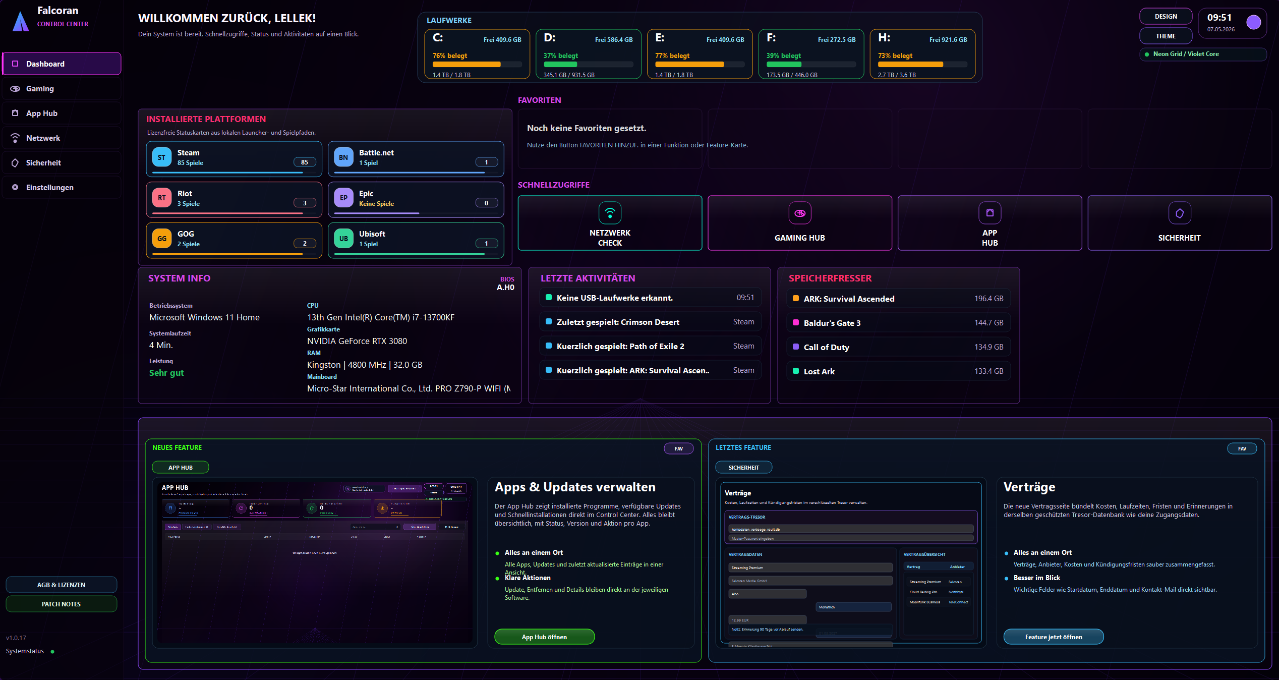 Dashboard von Falcoran Control Center mit Laufwerken, Plattformen, Schnellzugriffen und Systeminformationen