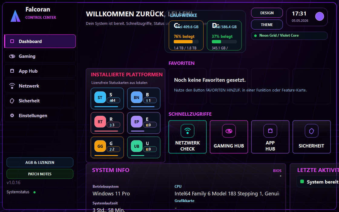 Dashboard von Falcoran Control Center mit Laufwerken, Favoriten und Schnellzugriffen