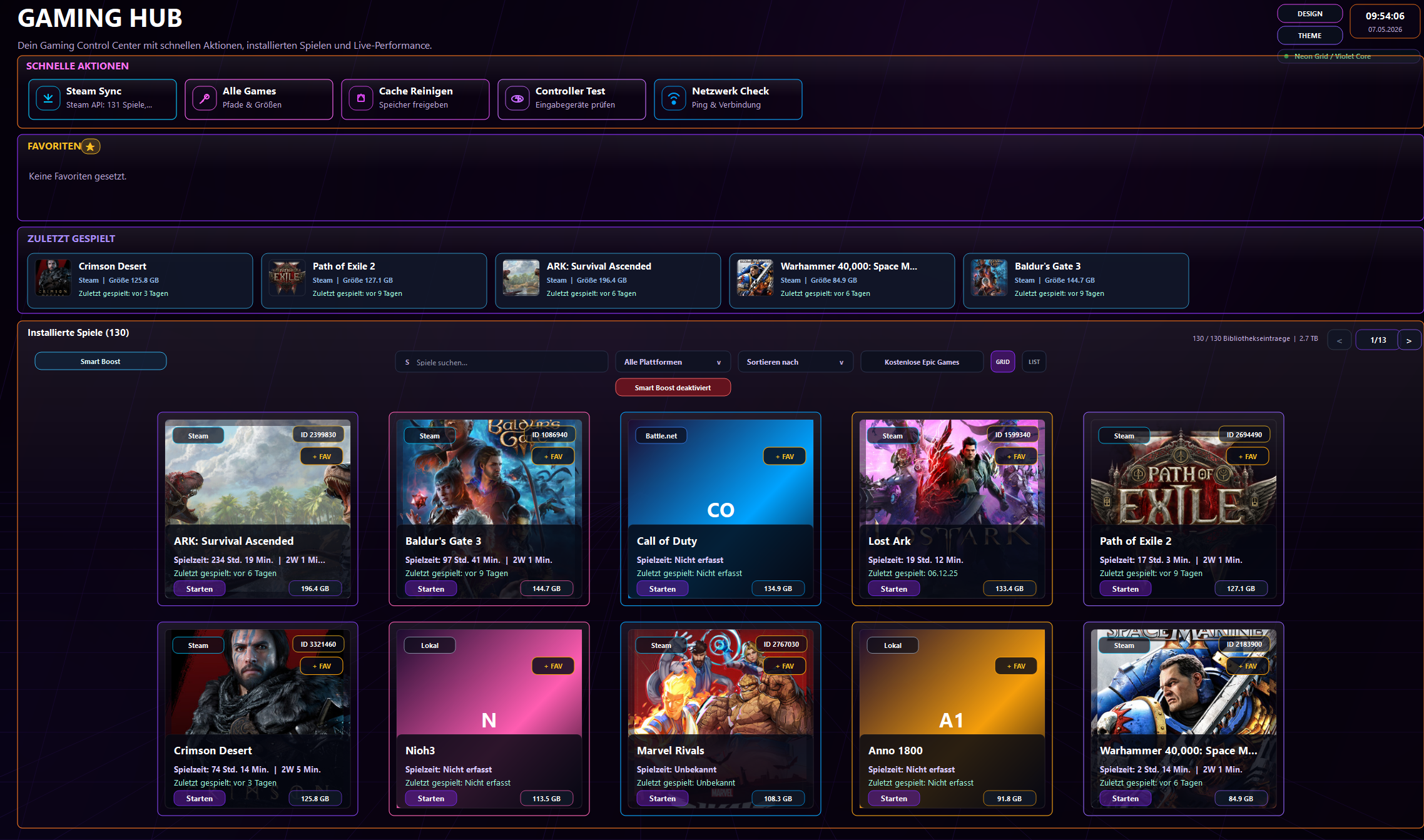 Gaming Hub von Falcoran Control Center mit Spielebibliothek, Speicheranalyse und Gaming-Werkzeugen