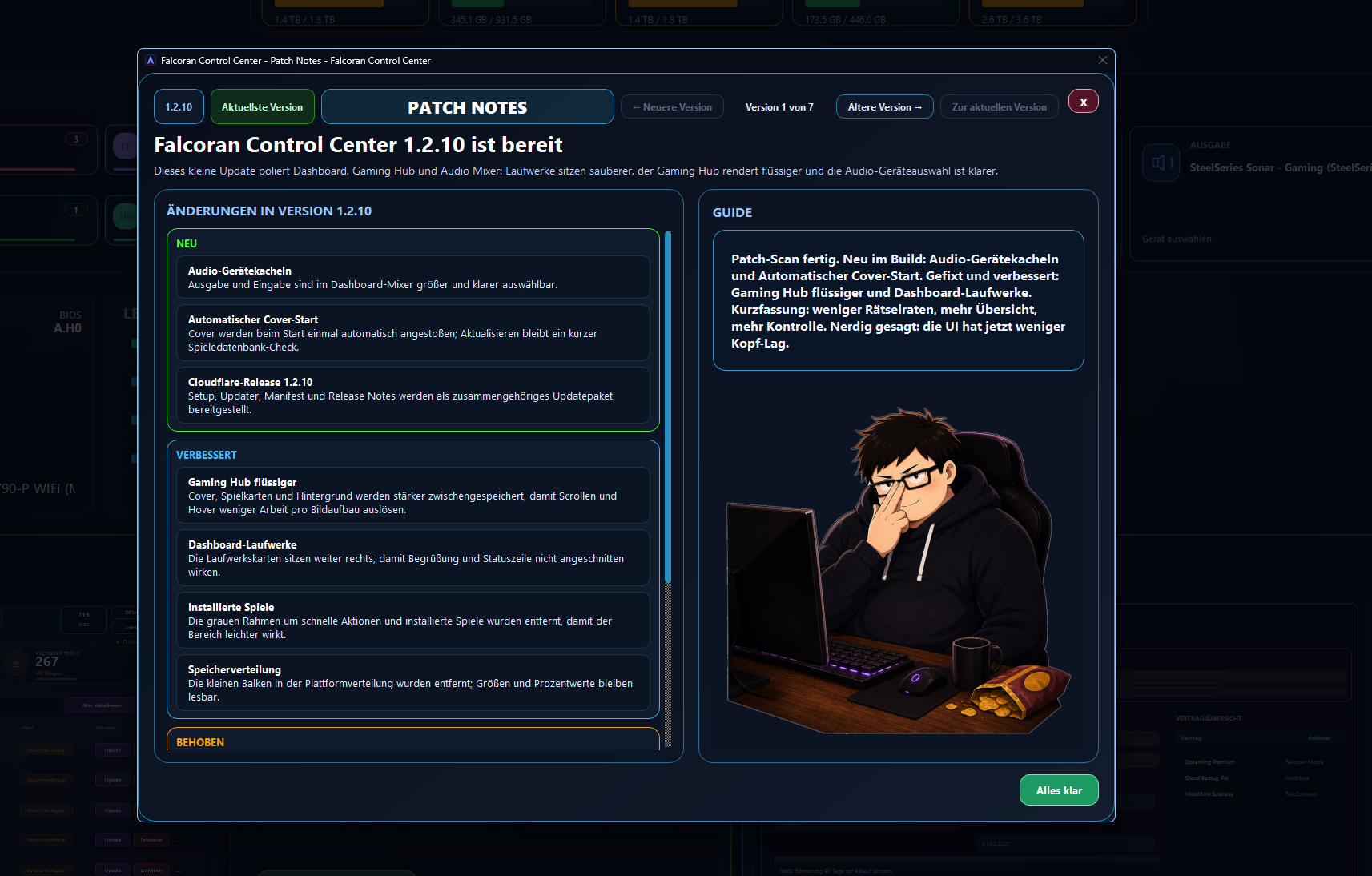 Guide Website von Falcoran Control Center mit Übersicht zu Download, Modulen und Hinweisen