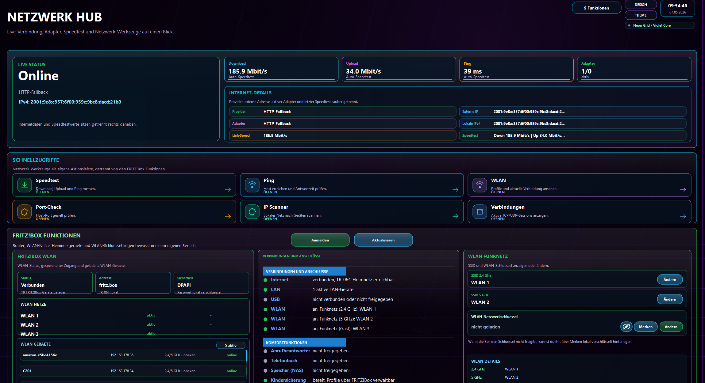 Netzwerk Hub von Falcoran Control Center mit IP, Ping, Speedtest, WLAN und Router-Funktionen