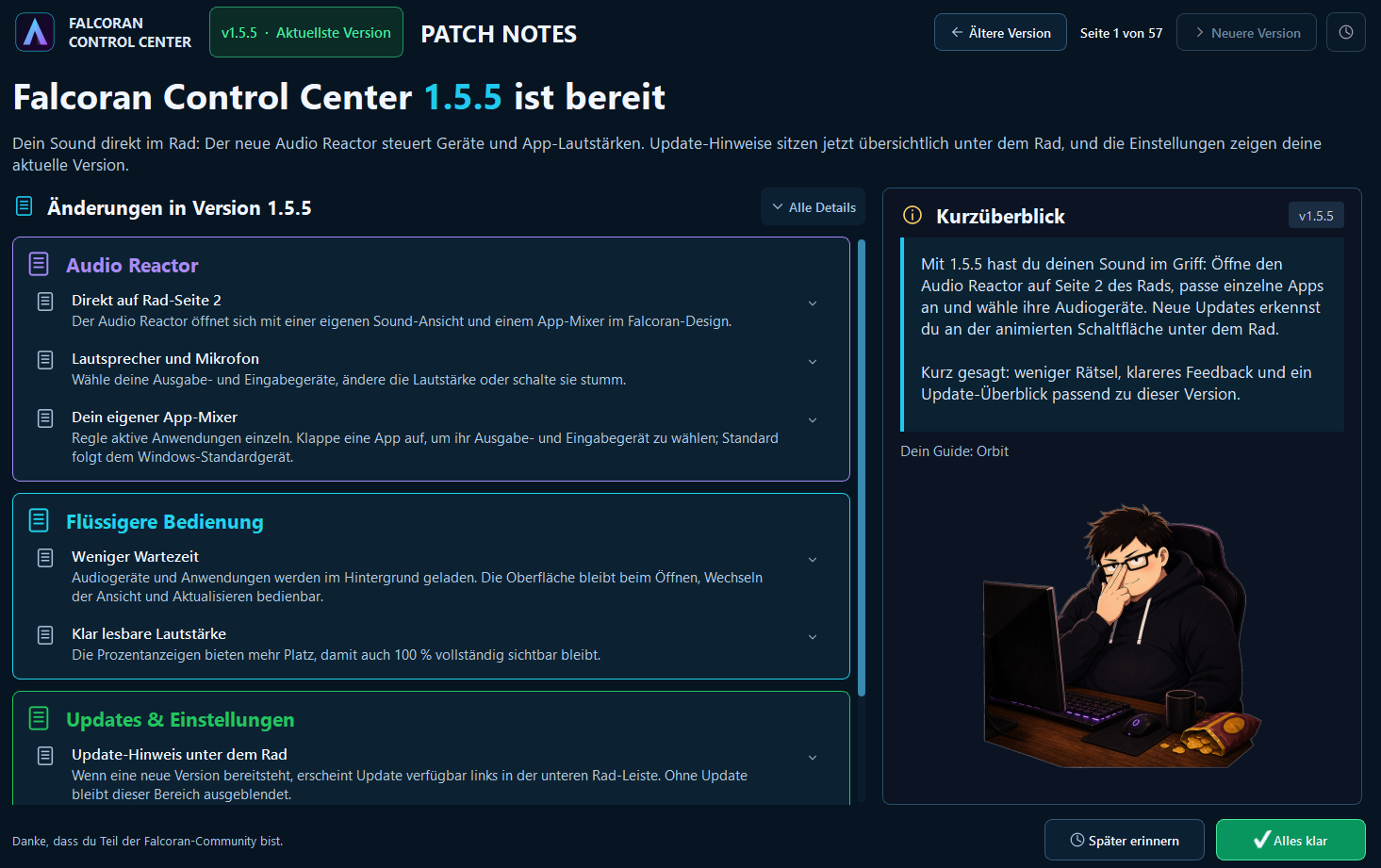 Guide im Falcoran Control Center mit Patchnotes und Versionsverlauf